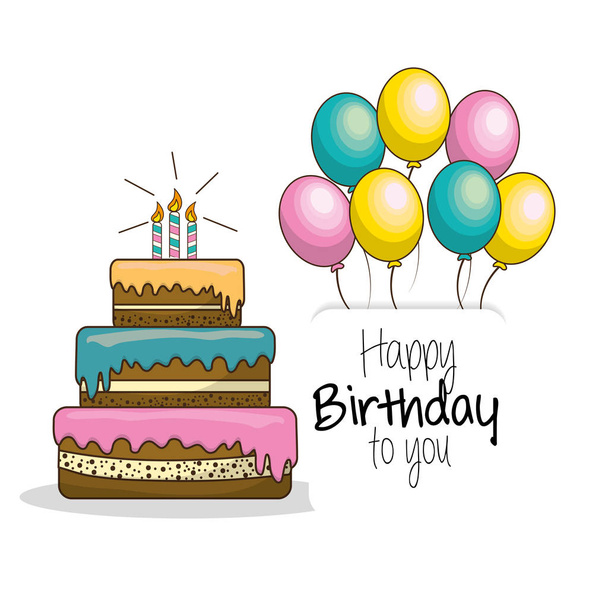 happy birthday decoration with cake, candles and balloons, vector illustration - Vektor, obrázek