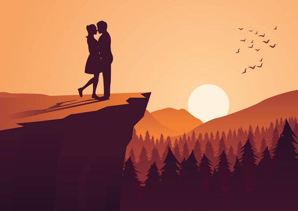 abraço de casal juntos perto de penhasco e perto de uma floresta de pinheiros, estilo silhueta, ilustração vetorial
 - Vetor, Imagem