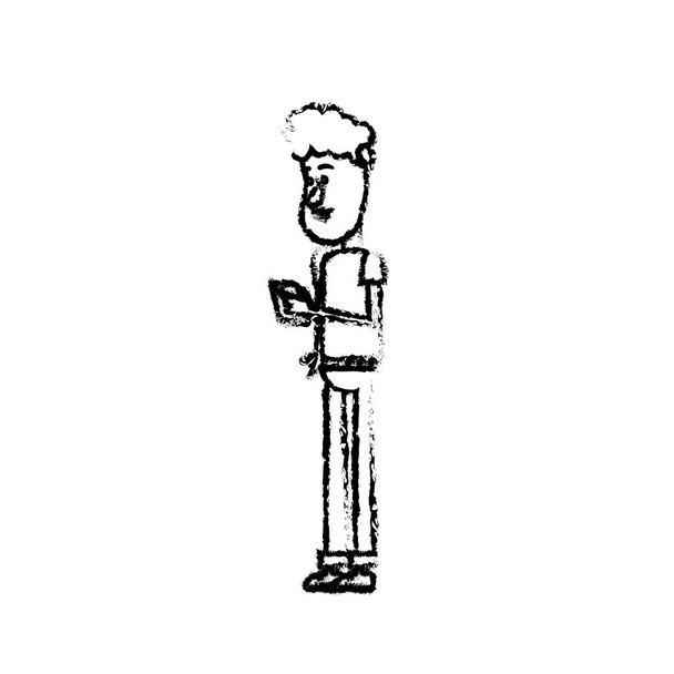 de aardige man figuur met kapsel en smartphone in de hand vectorillustratie - Vector, afbeelding
