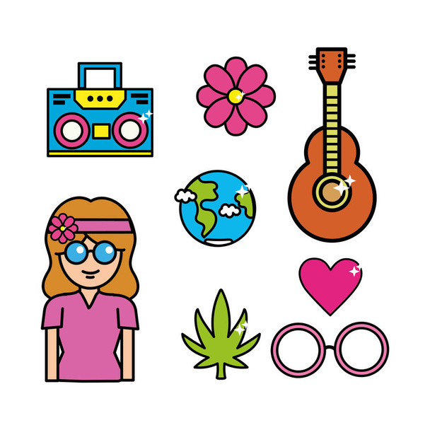 mujer hippie lindo con herramientas importantes, vector de ilustración
 - Vector, imagen