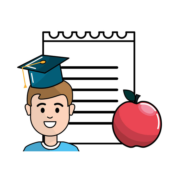 estudiante con la graduación sombrero, cuaderno de papel y manzana, ilustración de vectores
 - Vector, imagen