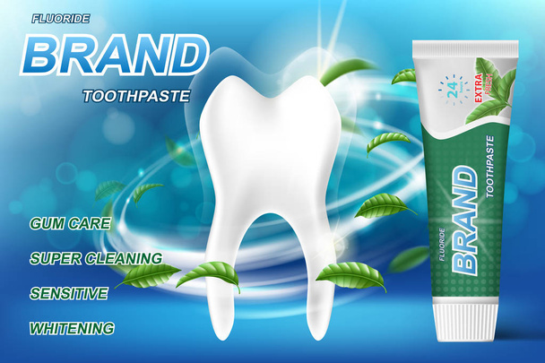 Λεύκανση οδοντόκρεμα διαφημίσεις, φύλλα μέντας φόντο. Το μοντέλο των δοντιών και προϊόν πακέτο σχεδίασης για οδοντόκρεμα αφίσα ή διαφήμιση. 3D απεικόνιση του διανύσματος. - Διάνυσμα, εικόνα