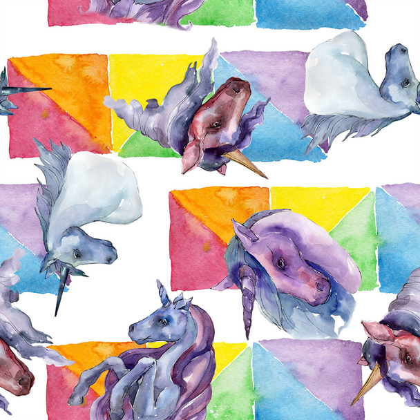 Cute unicorn horse. Rainbow animal horn character. Watercolor background illustration set. Seamless background pattern. - Foto, afbeelding