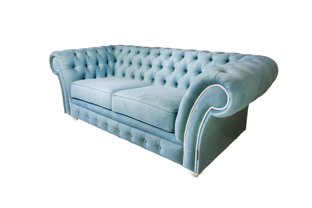 light blue fabric sofa in chester style for elite loft interior isolated white background - Foto, afbeelding