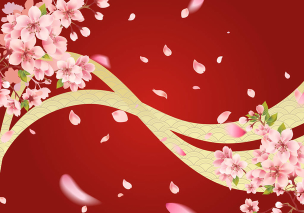 Kirschblüte auf rotem Hintergrund mit japanischen Mustermotiven. Sakura-Zweig im Frühling mit fallenden Blütenblättern. - Vektor, Bild