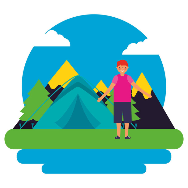 boy tent mountains day landscape camping - Vector, Image
