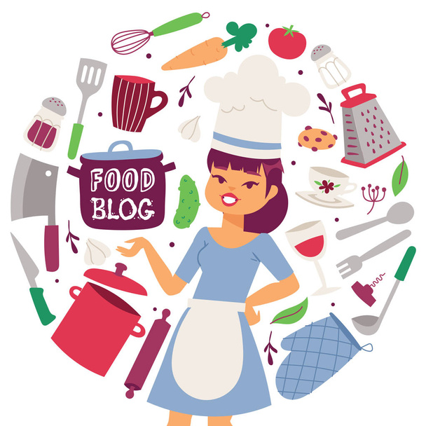 Gıda blog vektör çizim. Pişirme aletleri ve restoran kap ve gıda arka plan. Üniformalı kadın aşçı. Eldiven, rende, kepçe, curlery, pan, oklava, sebze. - Vektör, Görsel