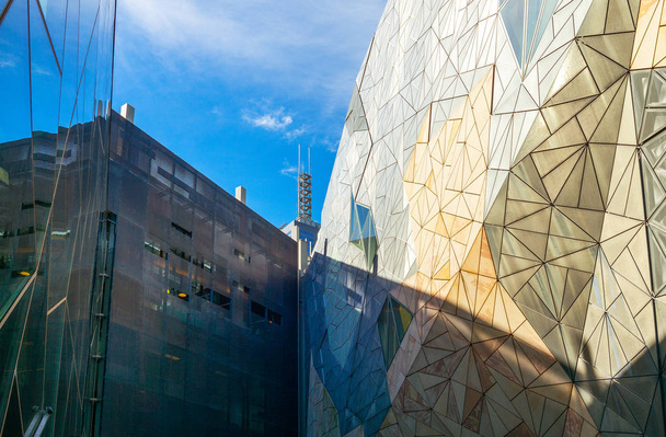 Melbourne, Australia - October 9, 2014: upvard view of the modern architectures of Federation square - Fotó, kép