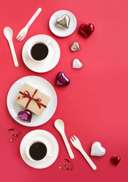 Flat lay Valentine's day table top snack and drink still life. - Fotoğraf, Görsel