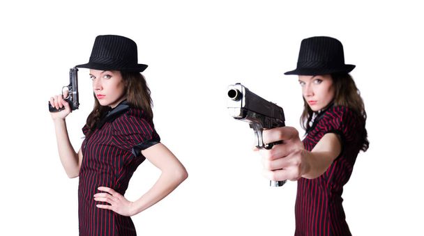 Žena gangster s pistolí na bílém - Fotografie, Obrázek