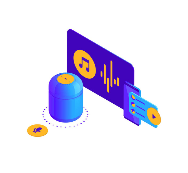 Vector isometric illustration of blue violet smart speaker, activated digital voice assistant landing page - Vector, Image