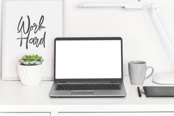 ноутбук компьютер белый чистый экран на рабочем столе вид спереди, письменный стол с сочным цветком
 - Фото, изображение