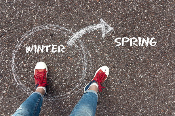 Change of winter to spring. Feet  in red sneakers standing inside winter circle and outward arrow on the spring halky on the asphalt. - Photo, Image