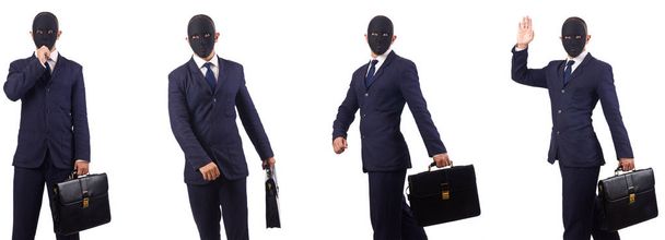 Man met masker en werkmap geïsoleerd op wit  - Foto, afbeelding