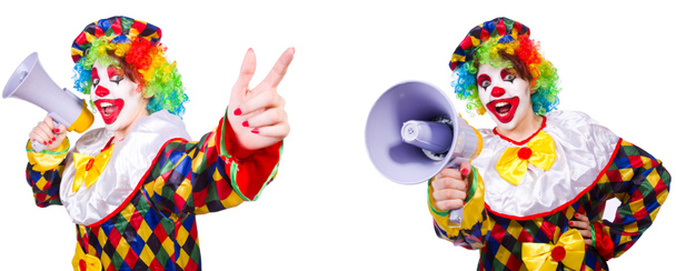 Смешной мужской клоун с мегафоном
 - Фото, изображение