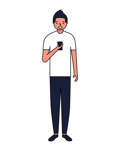 ο άνθρωπος που χρησιμοποιούν κινητό τηλέφωνο συσκευή λευκό φόντο - Διάνυσμα, εικόνα