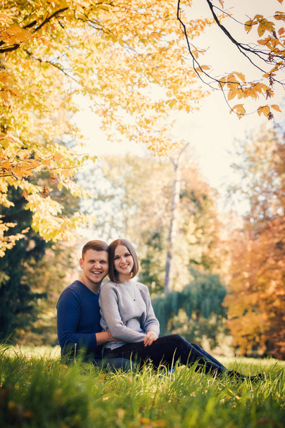 Młoda para piękny siedzi na łące w parku jesień - Zdjęcie, obraz