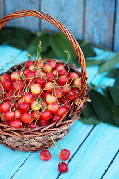 red sweet cherries in a large wicker basket - Photo, Image