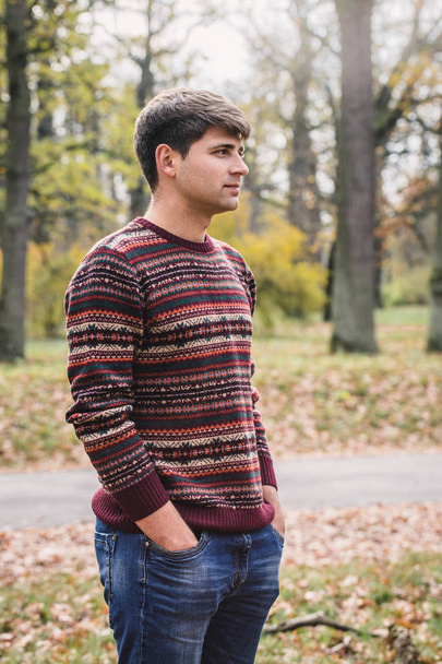Hombre joven guapo en jersey de punto en el parque de otoño
 - Foto, imagen