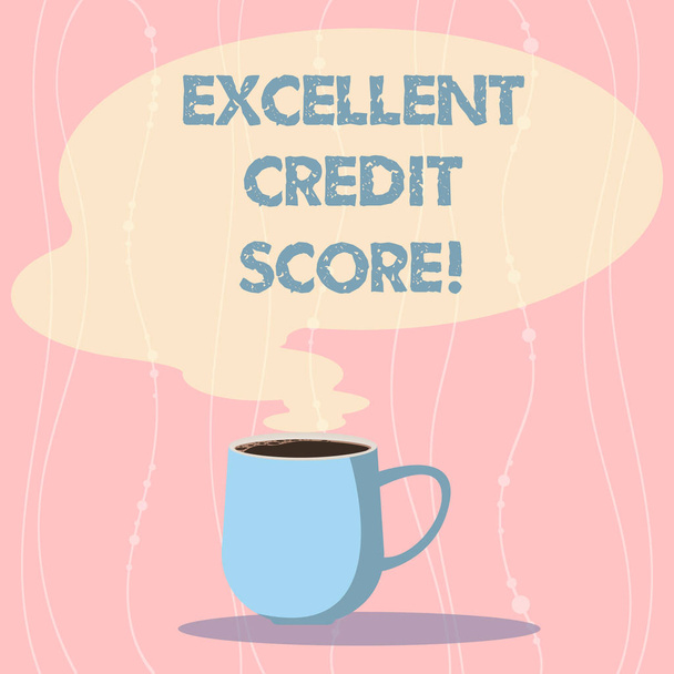 Word writing text Excellent Credit Score. Business concept for number that evaluates a consumer s is creditworthiness Mug photo Cup of Hot Coffee with Blank Color Speech Bubble as Steam icon. - Photo, Image