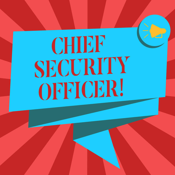 Conceptual hand writing showing Chief Security Officer. Business photo showcasing analysisages an organization s is security and systems Folded 3D Ribbon Sash Speech Bubble photo for Celebration. - Photo, Image
