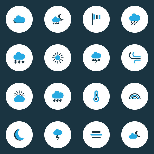 Ícones meteorológicos coloridos com tempestades, chuviscos, chuvas e outros elementos de neve. Isolado vetor ilustração ícones meteorológicos
. - Vetor, Imagem