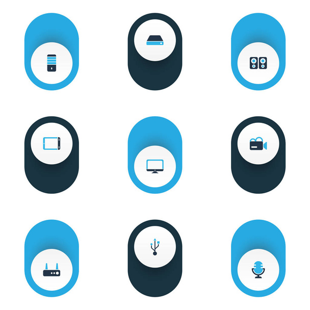 icônes électroniques colorées ensemble avec USB, disque dur, routeur et autres éléments du processeur. Illustration vectorielle isolée icônes électroniques
. - Vecteur, image