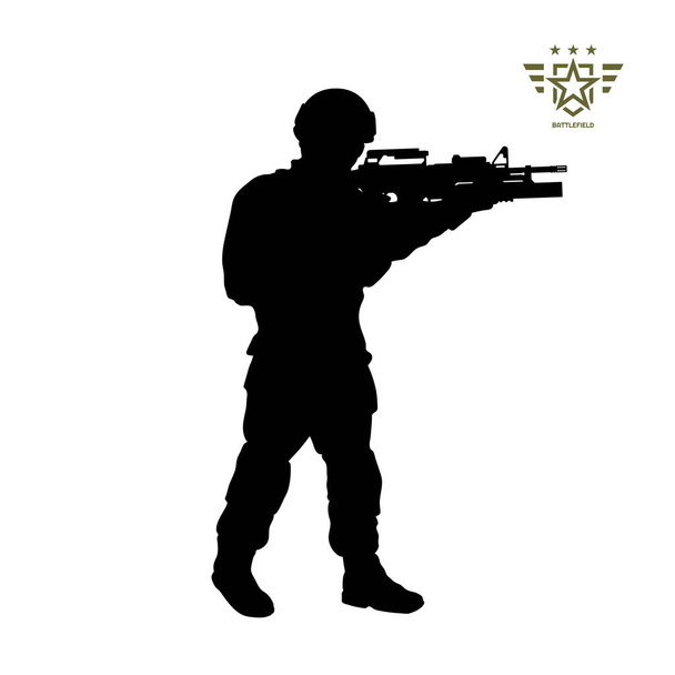 Black silhouette of standing american soldier. USA army. Military man with weapon. Isolated warrior image - Vektör, Görsel