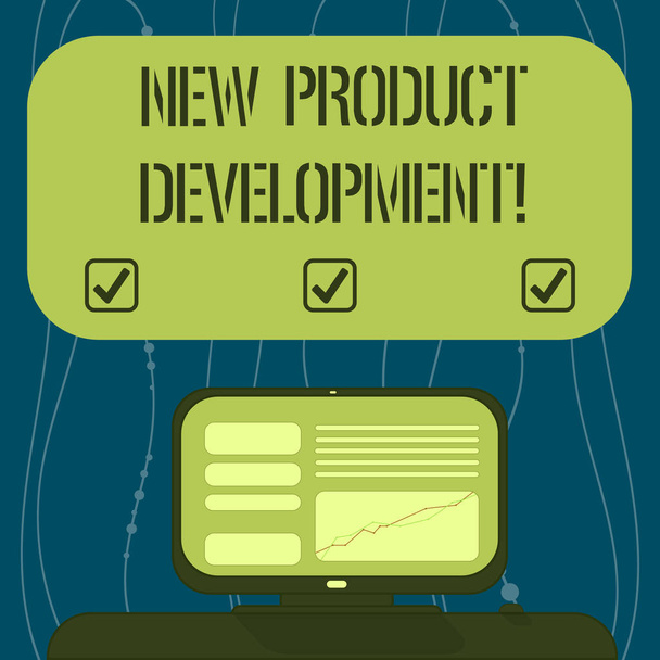 Szöveg jel mutatja az új termékek kifejlesztése. Fogalmi fénykép folyamatot egy új termék a piacon csatlakoztatott számítógép képernyőjén a vonal grafikon a pult üres szín mezőre. - Fotó, kép