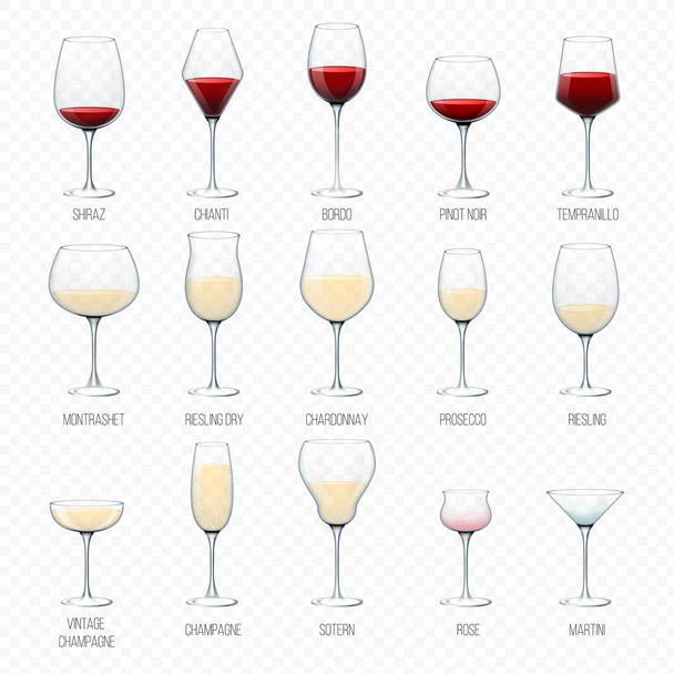 Sklenice na víno vektor vinařství alkoholu nápoj a červené nápoj skleničku v baru restaurace ilustrace sada sklo šampaňské bordo kapaliny koktejl izolovaných na bílém pozadí - Vektor, obrázek
