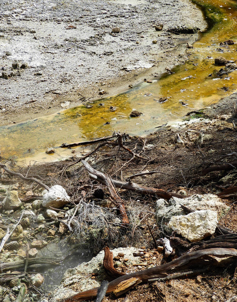 Stream with orange mineral deposit in Wai-o-Tapu, New Zealand - Fotó, kép