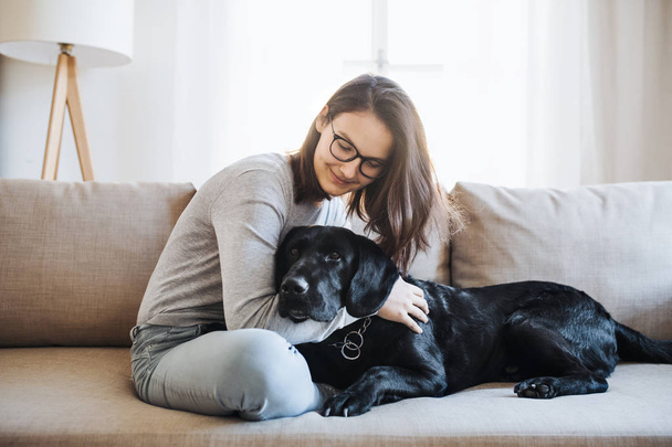 Teenage girl sitting on a sofa indoors, playing with a pet dog. - Zdjęcie, obraz