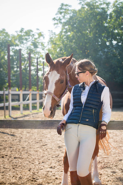 Joven hermosa mujer se comunica con un caballo
 - Foto, Imagen
