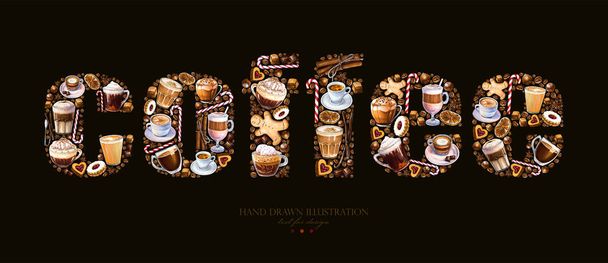 Iscrizione Caffè su sfondo nero. Lettere create da bevande al caffè, cereali, biscotti. Illustrazione per menu, segnaletica e benner
. - Foto, immagini