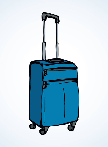 Grand sac de transport fermé moderne boîte de coffre sur fond d'aéroport blanc. Avion bleu foncé Valise de valise tenir tous les porte-bagages. Esquisse d'emblème de logo dessinée à la main de couleur marine lumineuse dans un style rétro art doodle avec espace pour le texte
 - Vecteur, image