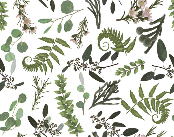 Seamless pattern, background, texture print with light watercolor hand drawn green eucalyptus ,forest fern, branches boxwood, brunia, buxus. Tender, elegant textile fabric, wrapping paper backdrop layou - Vektör, Görsel