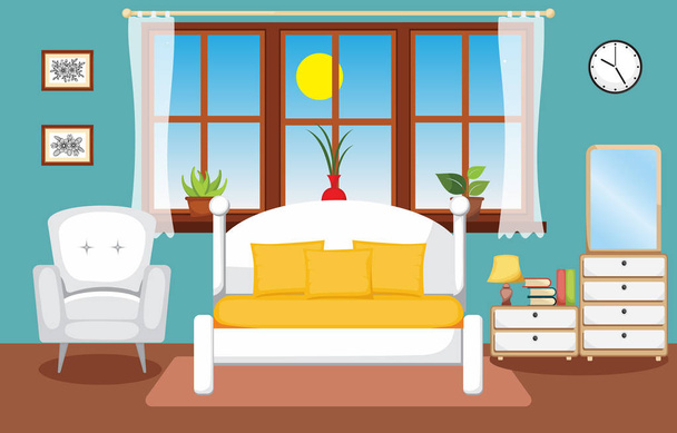 Bedroom Interior Sleeping Room Flat Design Illustration - Vector, Image