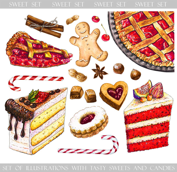 Σχέδιο με νόστιμα γλυκά και καραμέλες για το σχεδιασμό. Κομμάτι πίτα κερασιών, μπισκότα με κρέμα και κόκκινο βελούδο κέικ, καραμέλα βουτύρου, καρύδια και μελόψωμο. Δεικτών, υδατογραφίας. - Φωτογραφία, εικόνα