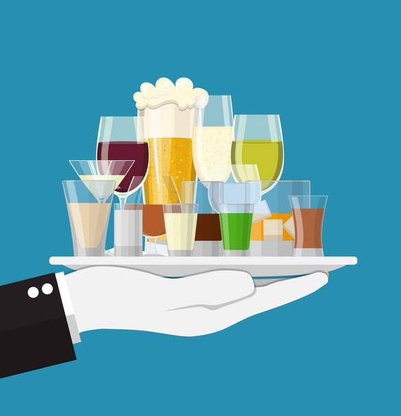 Alcohol drinks collection in tray of waiter. - Vector, Image