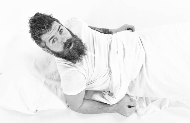 Hipster with beard and mustache waking up. - Foto, Imagen
