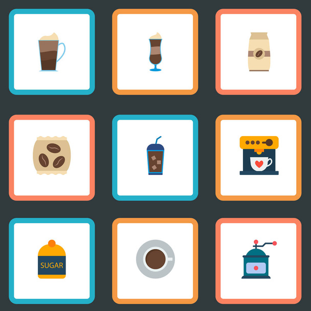 Set di icone del caffè simboli in stile piatto con erogatore di caffè espresso, tazza, bevanda ghiacciata e altre icone per il design del logo della tua app mobile web
. - Vettoriali, immagini