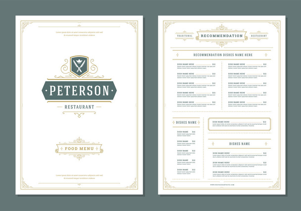 Restaurant menu design and logo vector brochure template. Knifes illustration and ornament decoration. - Вектор,изображение
