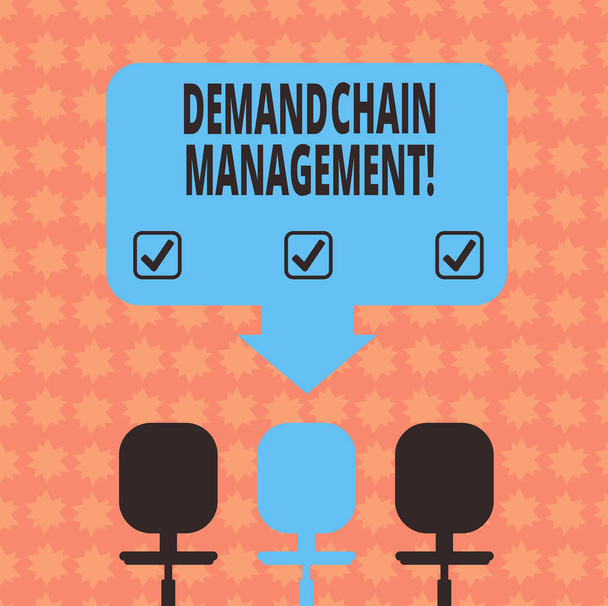 Schrijven van notitie weergegeven: Deanalysisd Chain Management. Zakelijke foto presentatie van relaties tussen leveranciers en klanten ruimte kleur pijl wijst naar één van de drie draaibare stoelen. - Foto, afbeelding