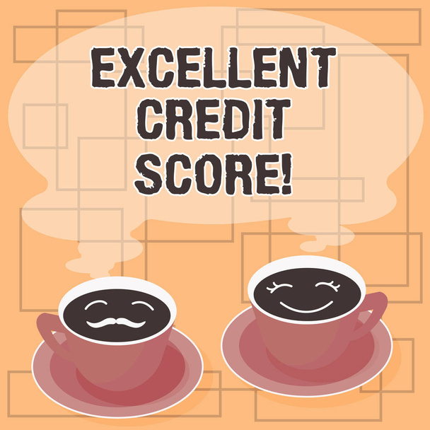 Word writing text Excellent Credit Score. Business concept for number that evaluates a consumer s is creditworthiness Sets of Cup Saucer for His and Hers Coffee Face icon with Blank Steam. - Photo, Image