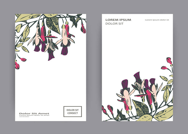 Botanická svatební pozvání karta šablony design, ručně kreslenou fuchsiová růžová květy a listy, pastelové vintage venkovských téma s čtverce na bílém pozadí, minimalistickém stylu vintage - Vektor, obrázek