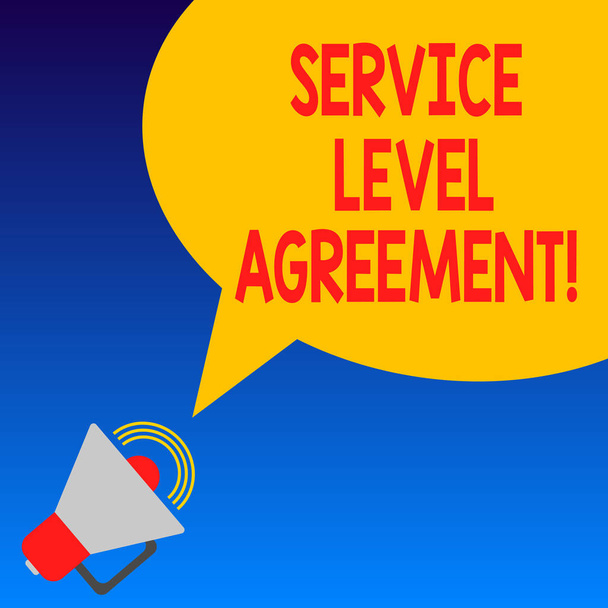 Handwriting text Service Level Agreement. Concept meaning Commitment between a service provider and a client Megaphone with Sound Volume Icon and Blank Color Speech Bubble photo. - Fotografie, Obrázek