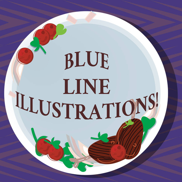 Γραφή κειμένου μπλε γραμμή απεικονίσεις των λέξεων. Επιχειρηματική ιδέα για επενδύοντας στην οικοδόμηση μιας online παρουσία και εμπιστοσύνη χέρι που αρνί παϊδάκια βότανο μπαχαρικό ντοματίνια σε κενή πλάκα χρώματος. - Φωτογραφία, εικόνα