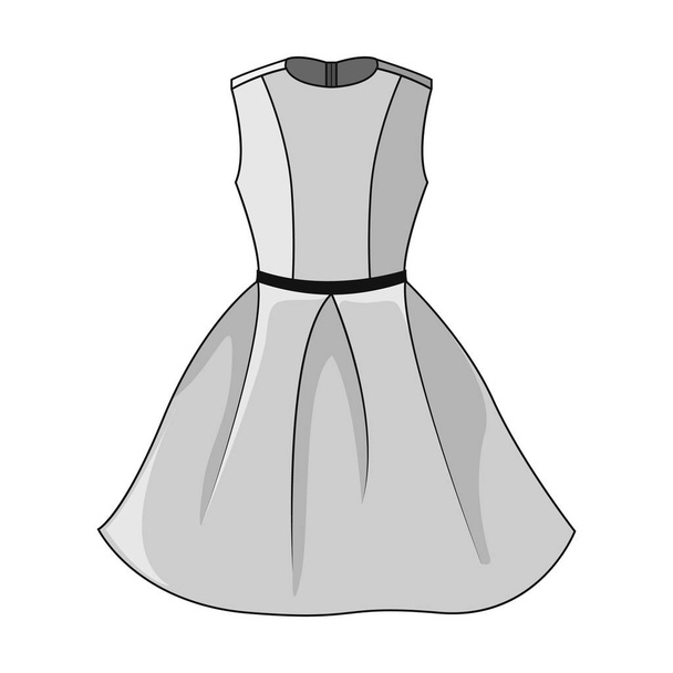 Κομψό λευκό γκρι εικονίδιο φορέματος. Όμορφο κοντό λευκό γκρίζο φόρεμα με μαύρη σκοτεινή γκρίζα ζώνη, απομονωμένη σε λευκό φόντο. Εορταστικό φόρεμα χωρίς μανίκια. Απεικόνιση διανυσματικών φορέων, eps10. - Διάνυσμα, εικόνα