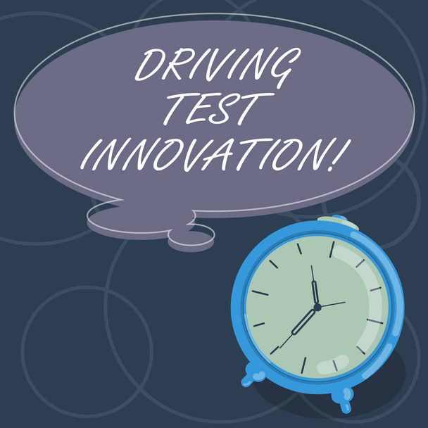Tekstiä kirjoittava teksti Driving Test Innovation. Liiketoiminta käsite etukäteen auton arviointi ja testaus ennen ostamista Tyhjä väri ajatus Puhe Bubble ääriviivat ja herätyskello kuva
. - Valokuva, kuva
