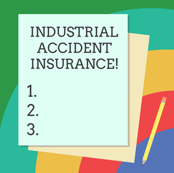 Word writing text Industrial Accident Insurance. Business concept for payments for demonstrating exposed to the work hazard Stack of Blank Different Pastel Color Construction Bond Paper and Pencil. - Foto, afbeelding